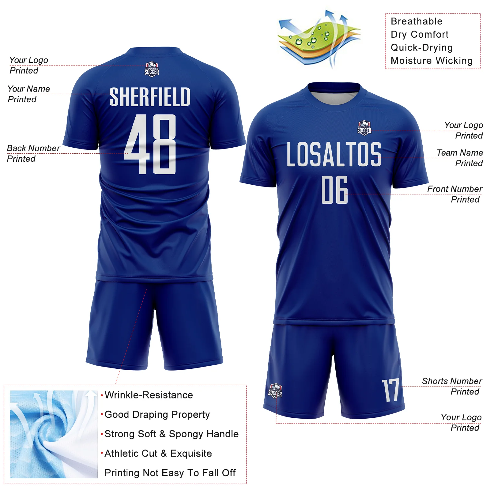 Custom Royal White Sublimation Soccer Uniform Jersey - Image 4