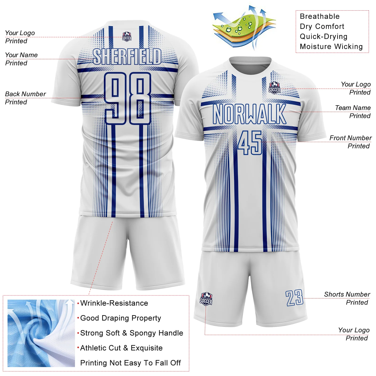 Custom White Royal Lines Sublimation Soccer Uniform Jersey - Image 4