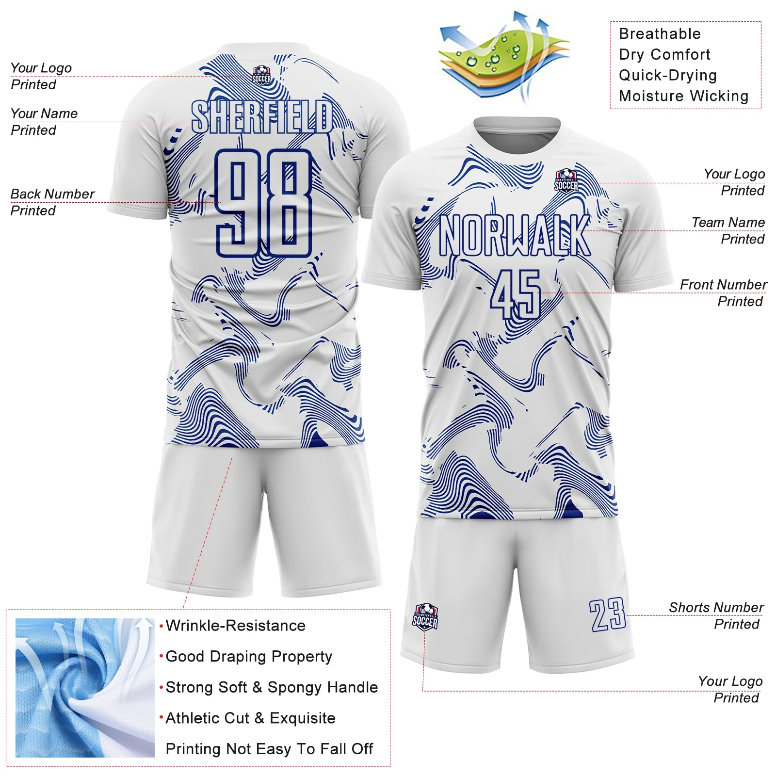 Custom White Royal Curve Lines Sports Sublimation Soccer Uniform Jersey - Image 4