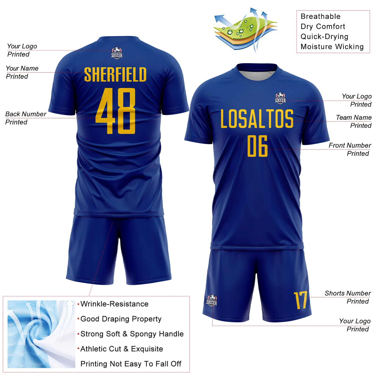 Custom Royal Yellow Sublimation Soccer Uniform Jersey - Image 4