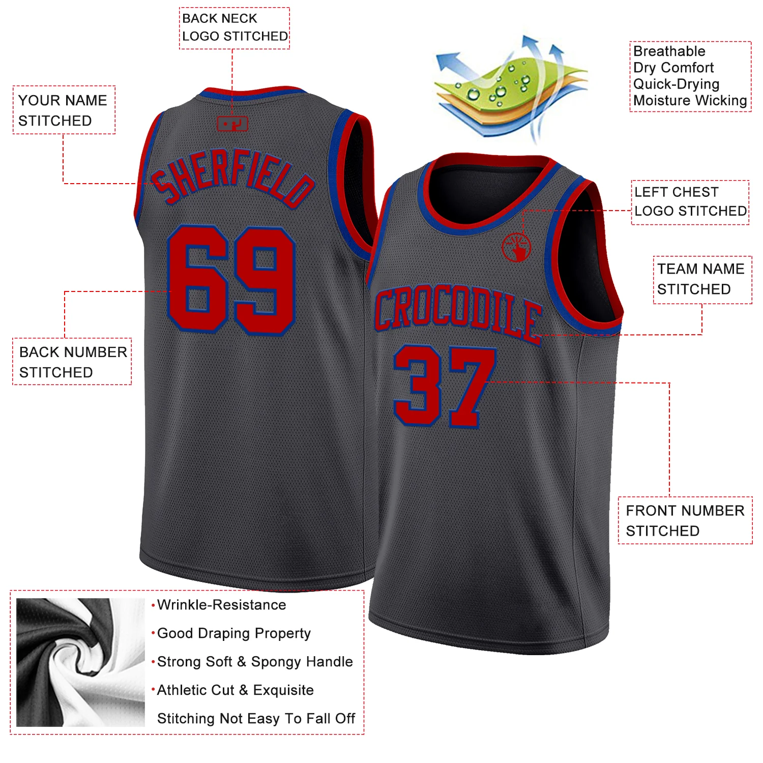 Custom Steel Gray Red-Royal Authentic Basketball Jersey - Image 2