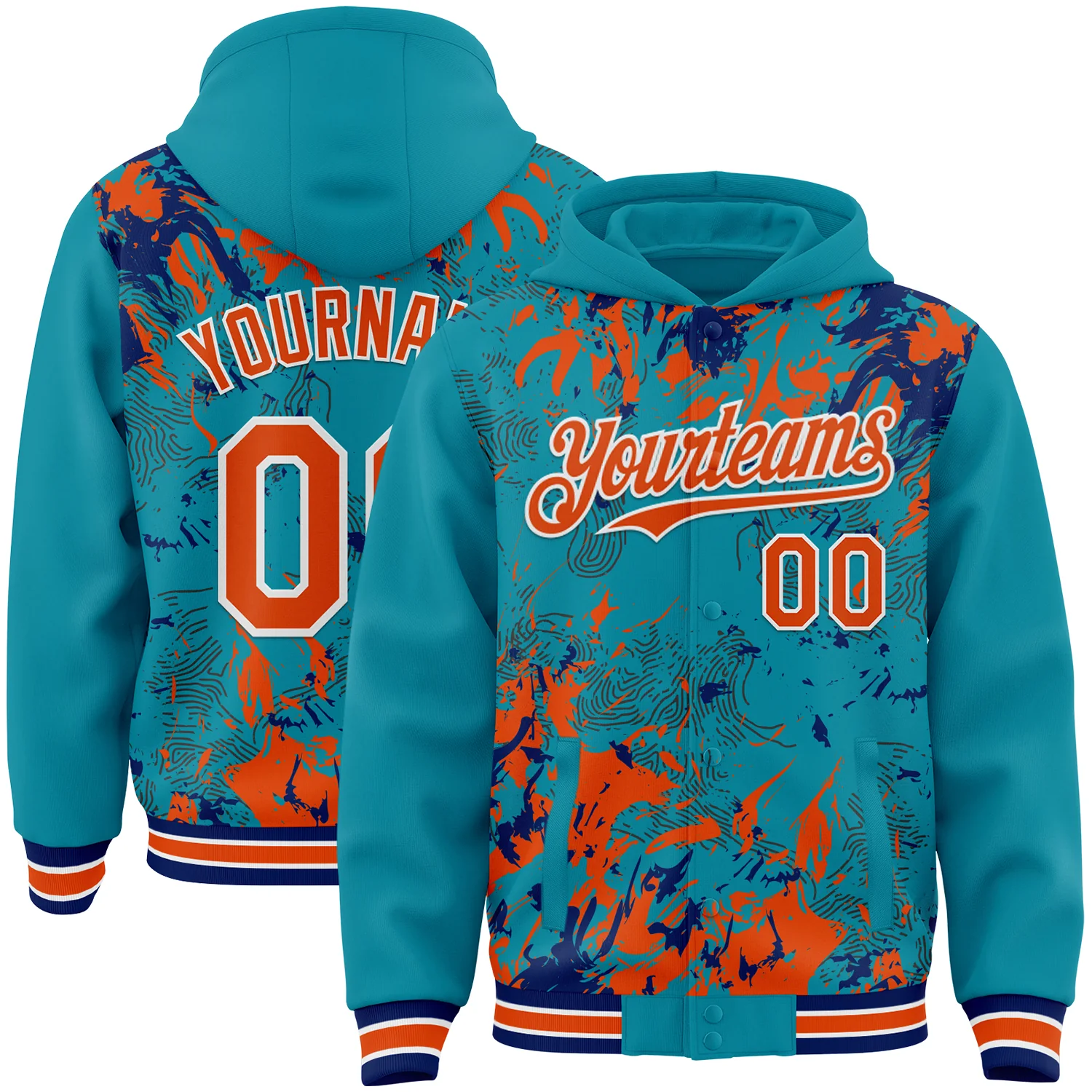 Custom Teal Orange Royal-White Splash Bomber Full-Snap Varsity Letterman Hoodie Jacket
