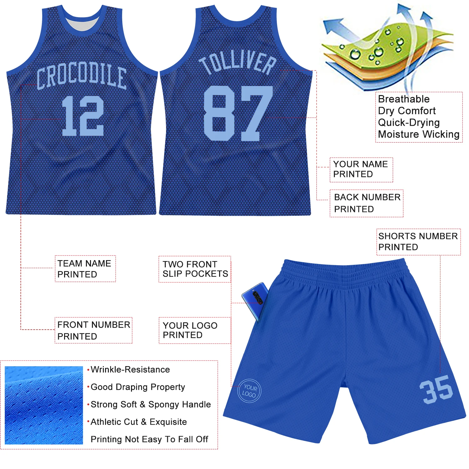 Custom Royal Light Blue Dot Round Neck Sublimation Basketball Suit Jersey - Image 3