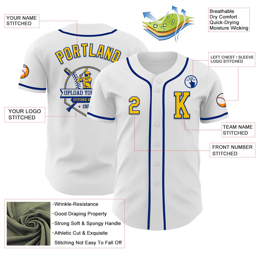 Custom White Yellow-Royal Authentic Baseball Jersey - Image 6