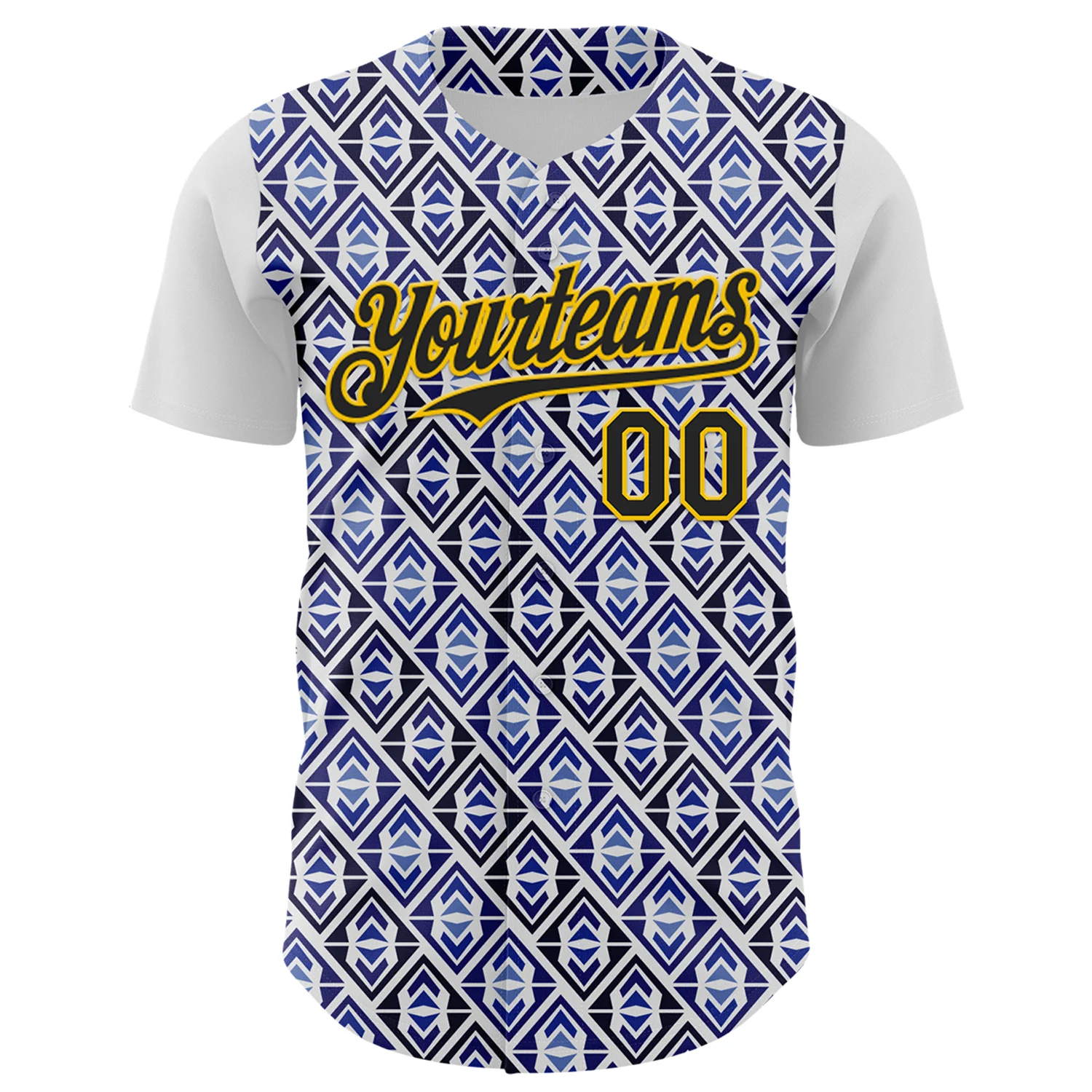Custom White Black Royal-Gold 3D Pattern Design Rave Party Monogram Geometric Shape Authentic Baseball Jersey - Image 2