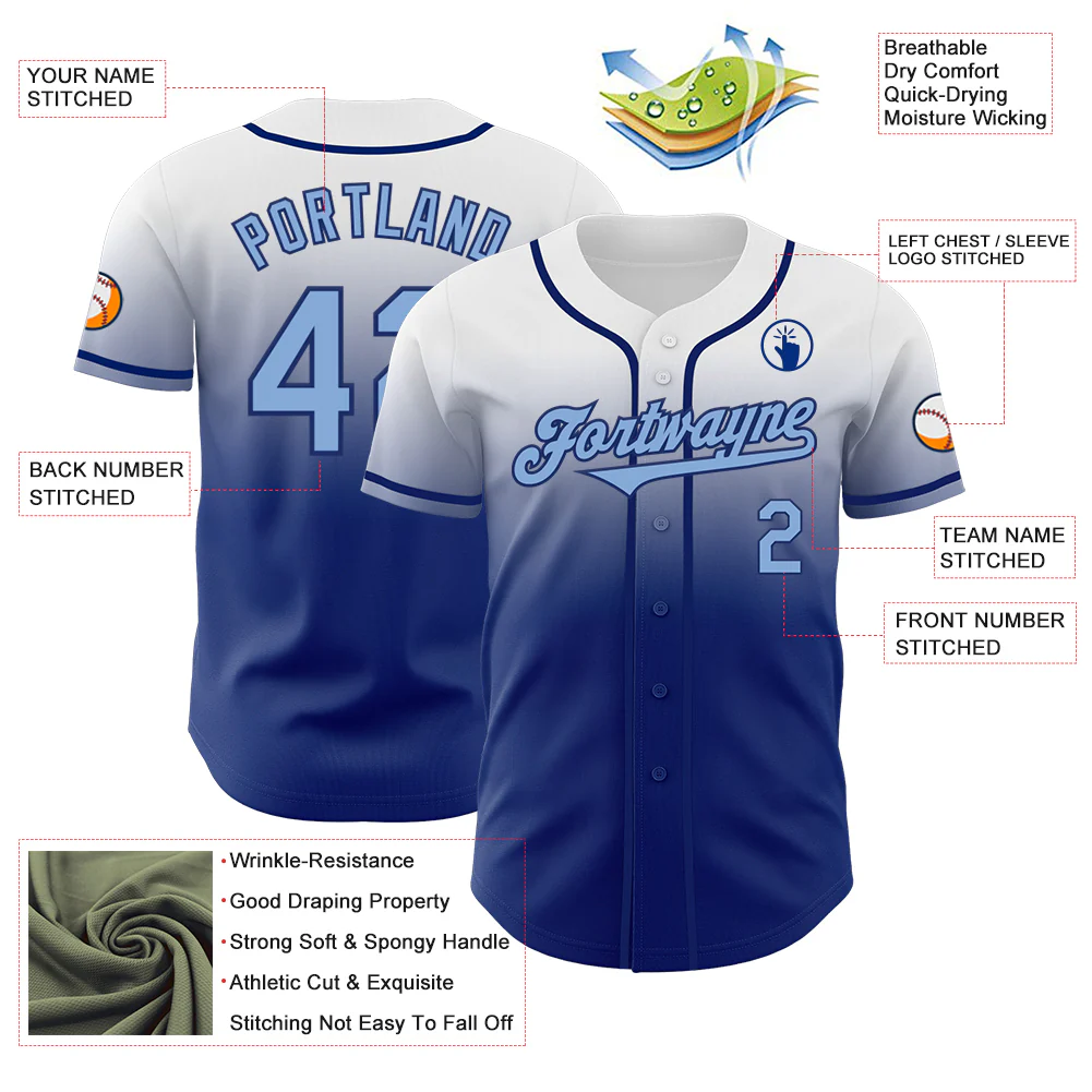 Custom White Light Blue-Royal Authentic Fade Fashion Baseball Jersey - Image 3