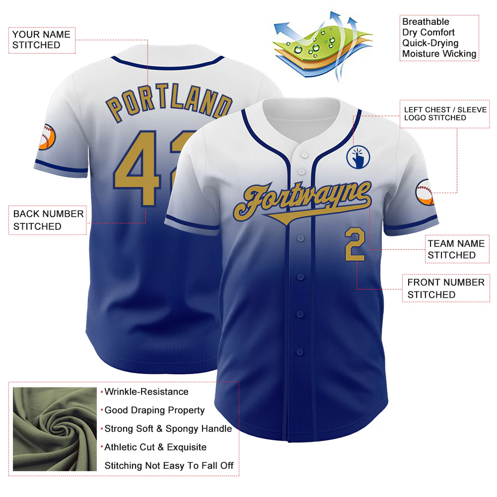 Custom White Old Gold-Royal Authentic Fade Fashion Baseball Jersey - Image 3