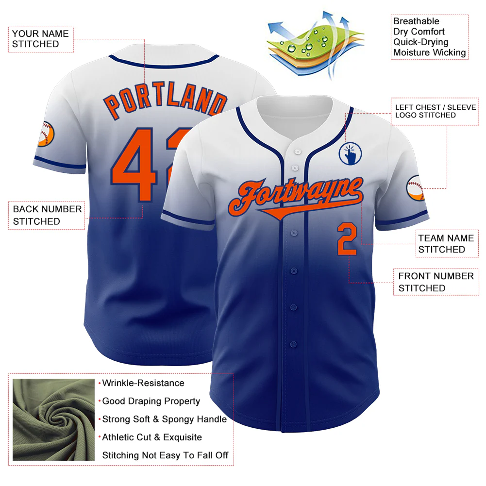 Custom White Orange-Royal Authentic Fade Fashion Baseball Jersey - Image 3