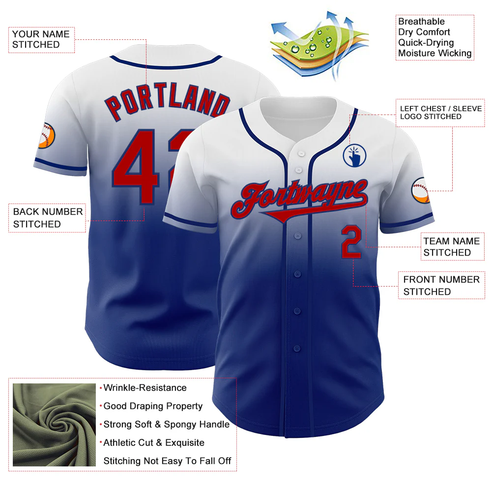 Custom White Red-Royal Authentic Fade Fashion Baseball Jersey - Image 3
