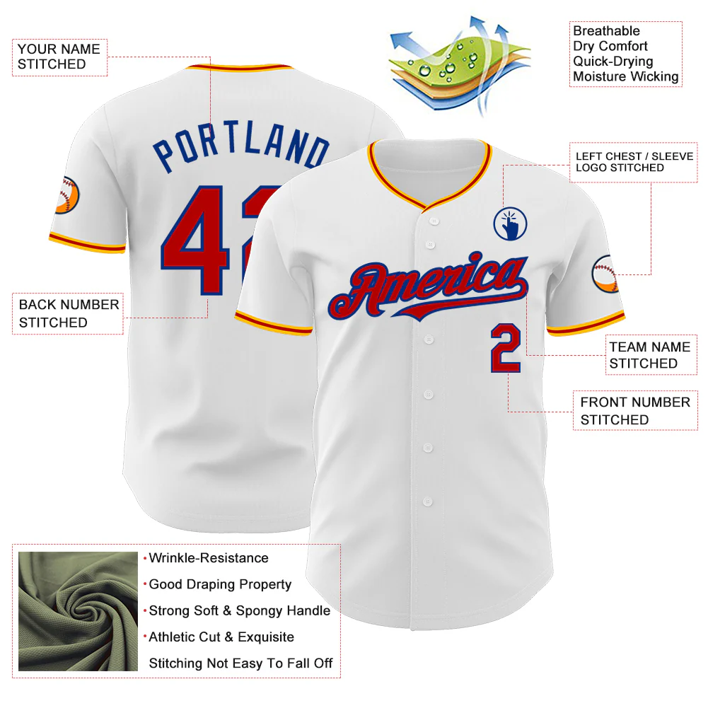 Custom White Red Royal-Gold Authentic Baseball Jersey - Image 3