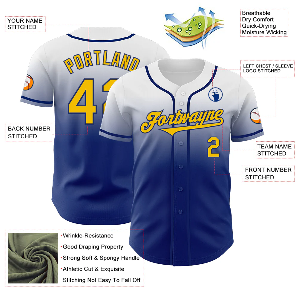 Custom White Yellow-Royal Authentic Fade Fashion Baseball Jersey - Image 3