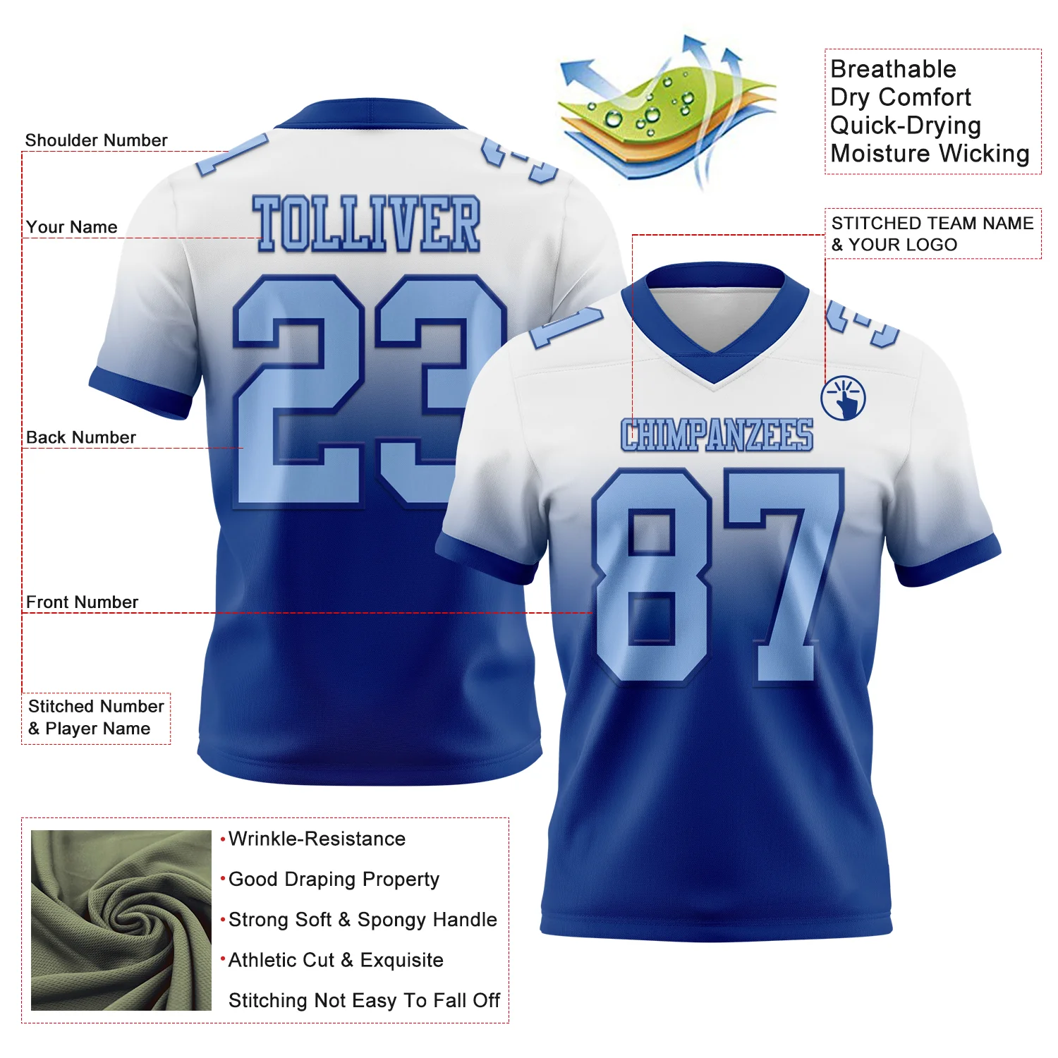 Custom White Light Blue-Royal Authentic Fade Fashion Football Jersey - Image 2