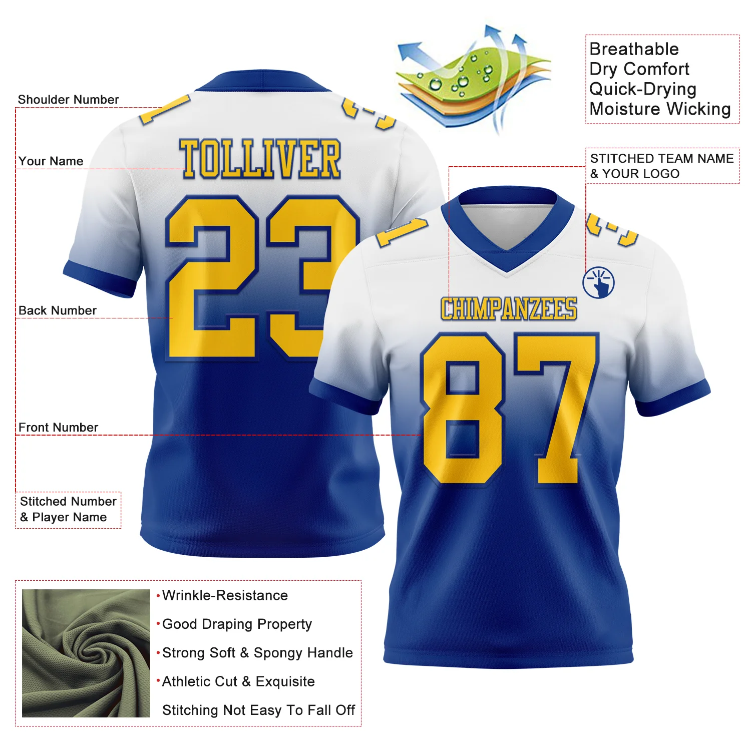 Custom White Yellow-Royal Authentic Fade Fashion Football Jersey - Image 2