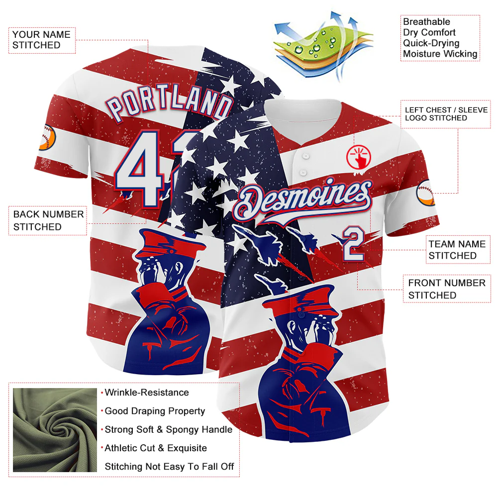 Custom White Royal-Fire Red 3D Retro American Flag Salute Authentic Baseball Jersey - Image 3