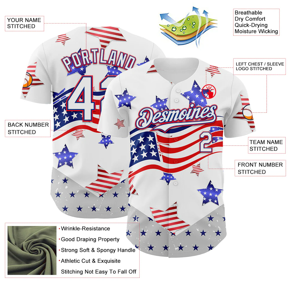 Custom White Royal-Fire Red 3D American Flag Stars Authentic Baseball Jersey - Image 3