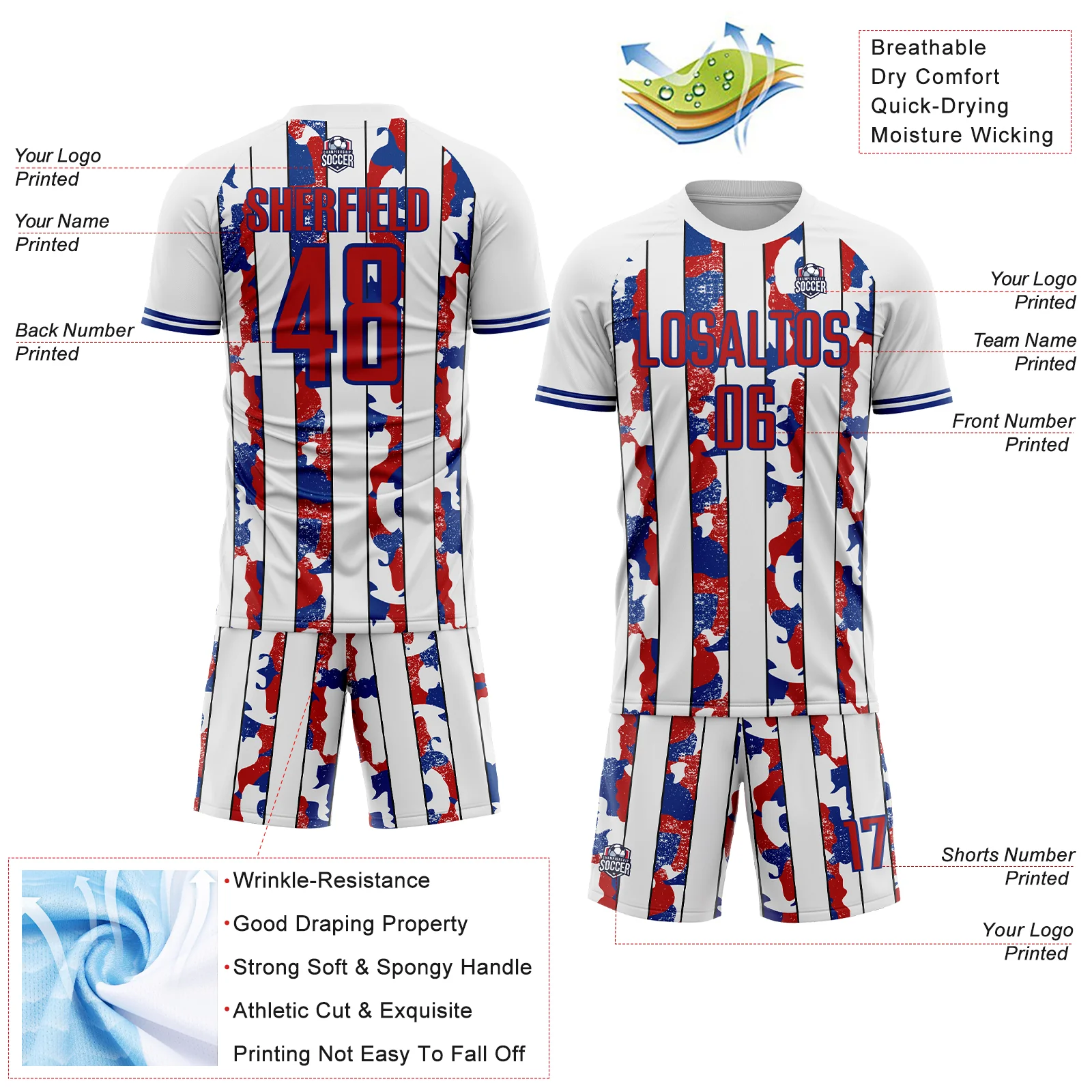 Custom White Red-Royal Camo Stripe Sports Sublimation Soccer Uniform Jersey - Image 4
