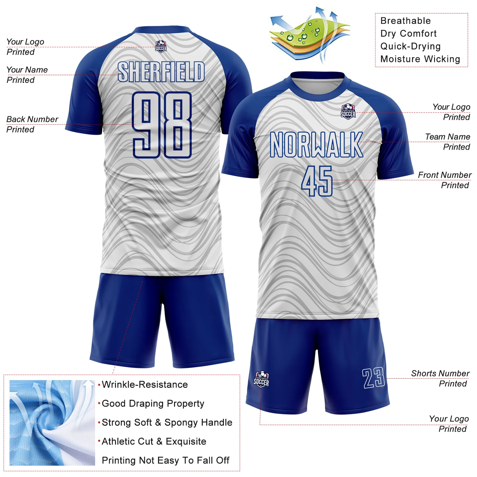 Custom White Royal Wavy Lines Sports Sublimation Soccer Uniform Jersey - Image 4
