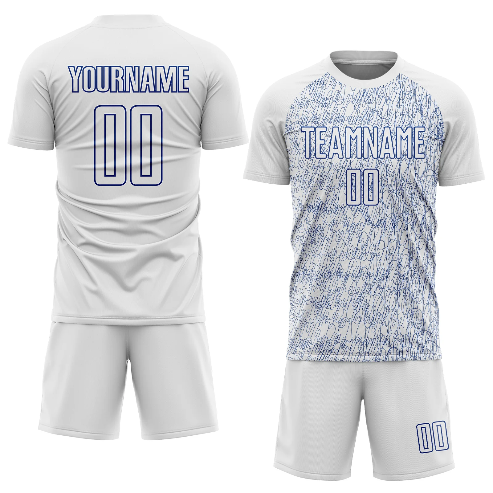 Custom White Royal Abstract Scribble Curve Line Pattern Sports Sublimation Soccer Uniform Jersey - Image 2