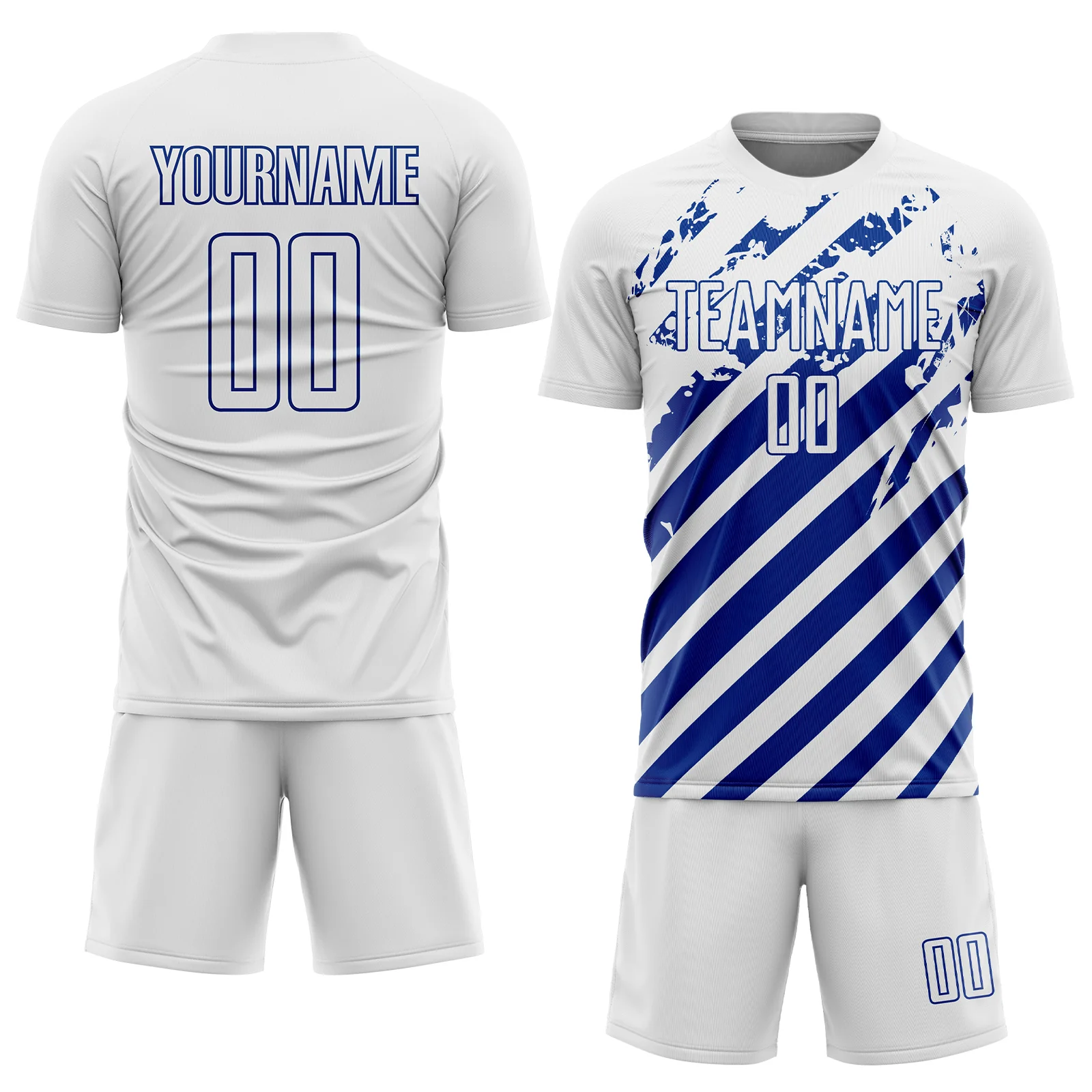 Custom White Royal Distressed Diagonal Stripe Pattern Sports Sublimation Soccer Uniform Jersey - Image 2