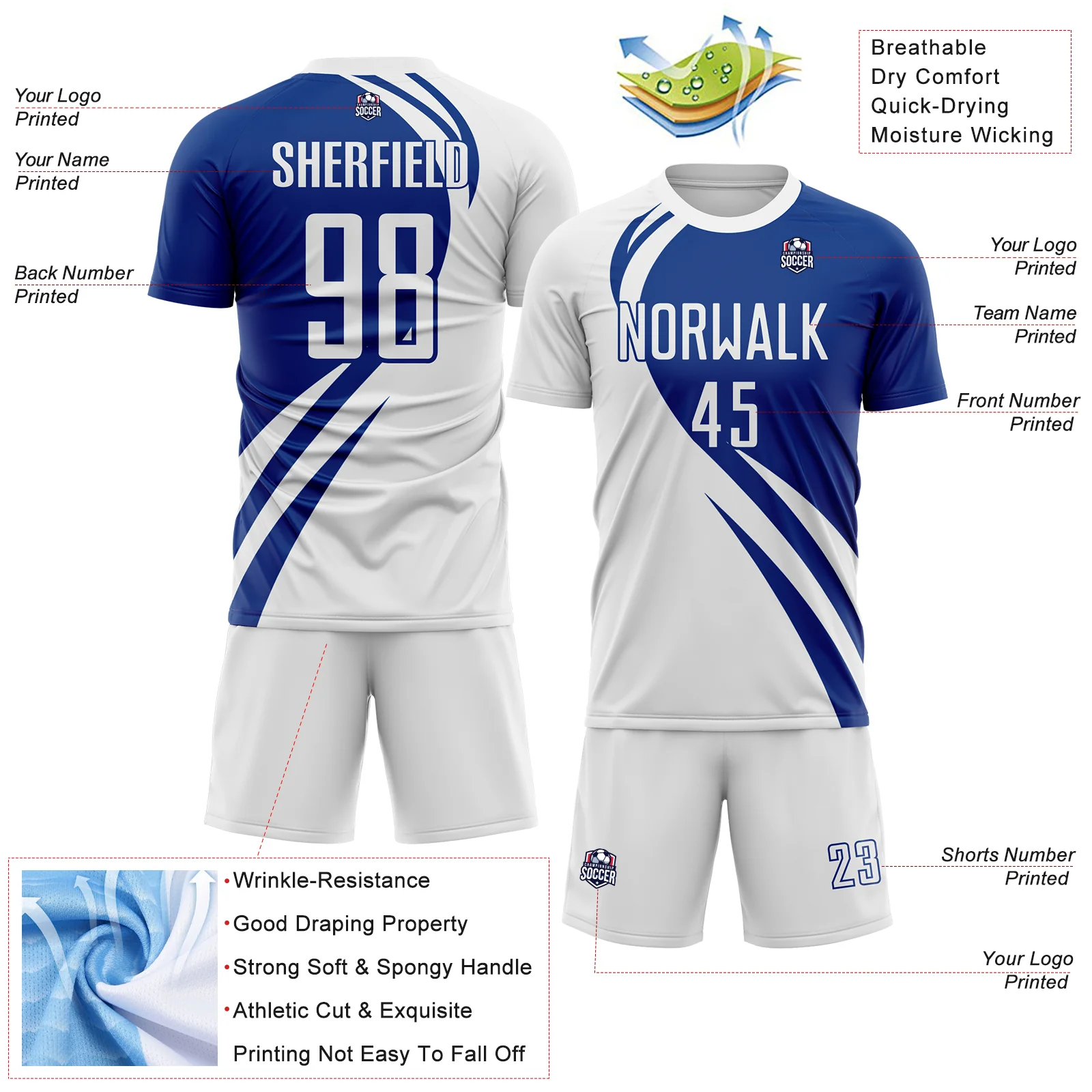 Custom White Royal Diagonal Streamline Color Block Swirl Curve Lines Sublimation Soccer Uniform Jersey - Image 3