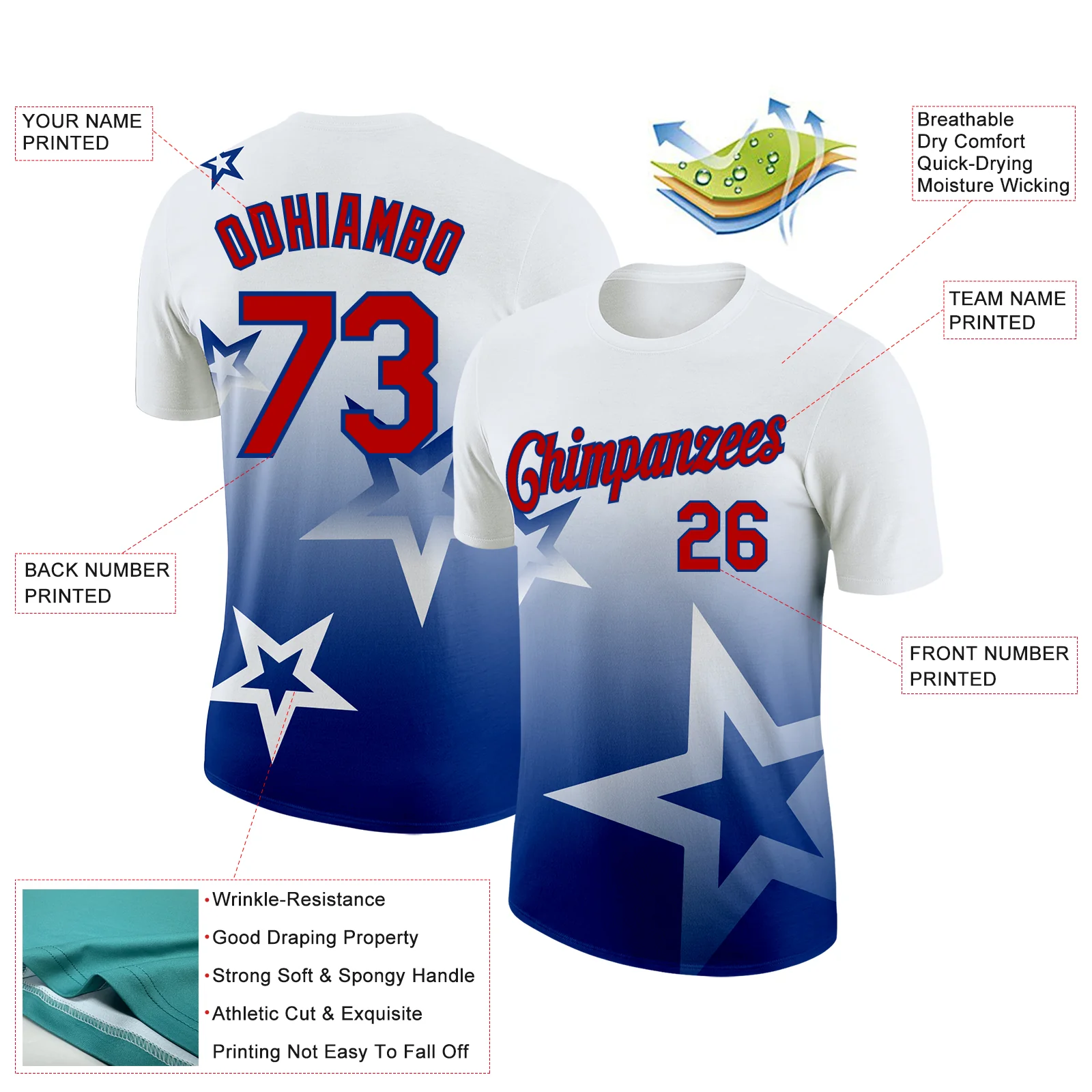 Custom White Red-Royal 3D Pattern Design Gradient Style Twinkle Star Performance T-Shirt - Image 2
