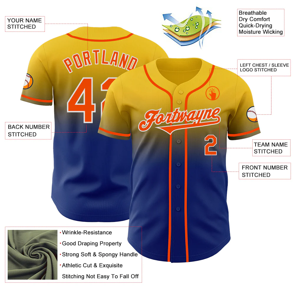 Custom Yellow Orange Royal-White Authentic Fade Fashion Baseball Jersey - Image 3