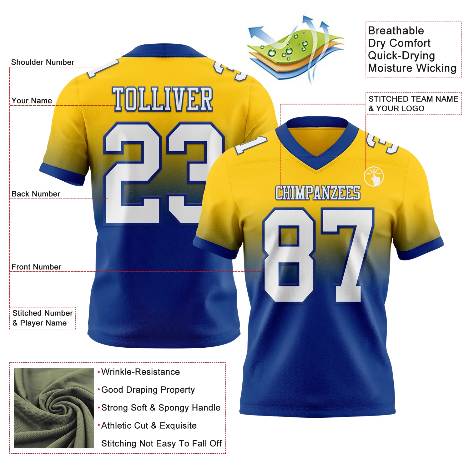 Custom Yellow White-Royal Authentic Fade Fashion Football Jersey - Image 2