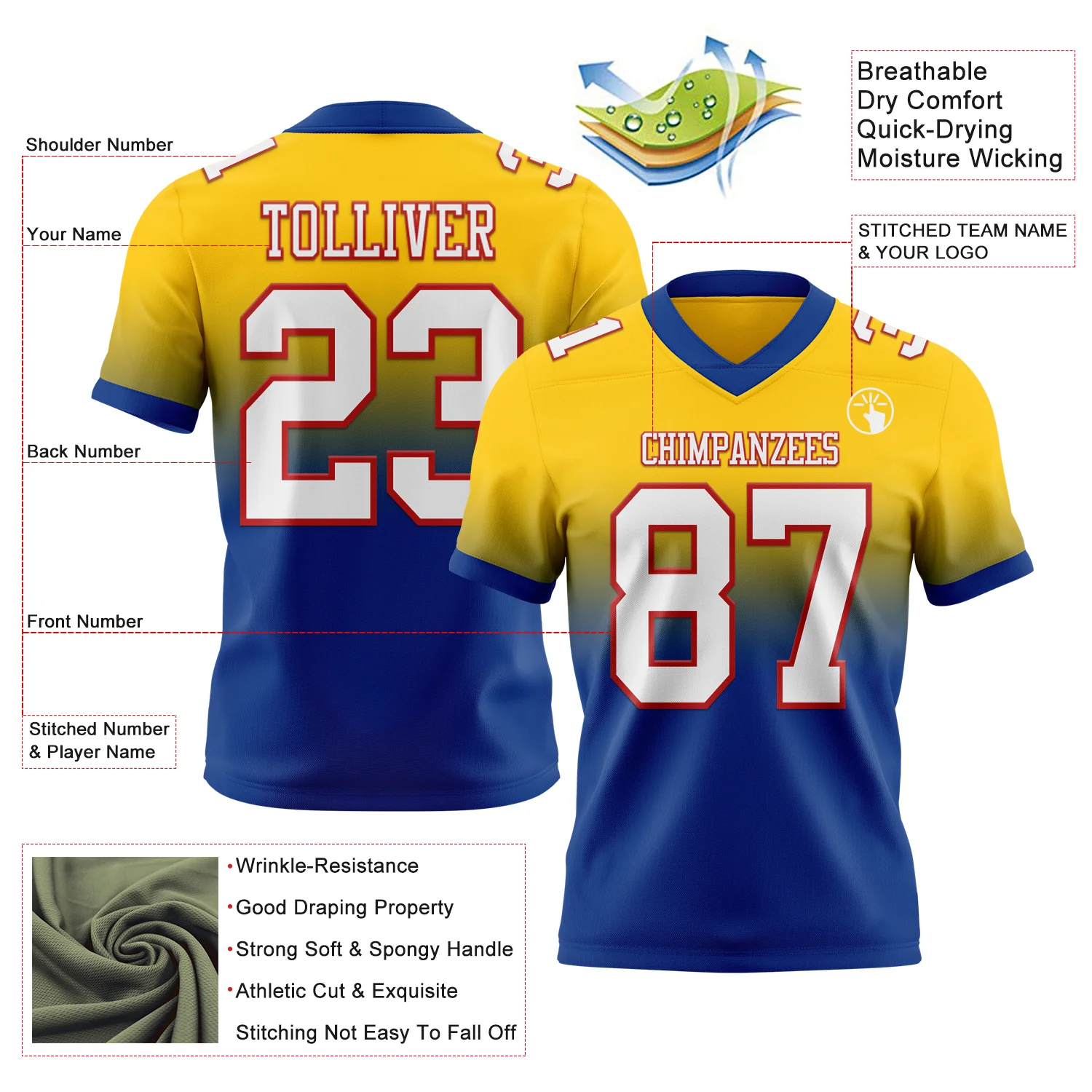 Custom Yellow White Royal-Red Authentic Fade Fashion Football Jersey - Image 2