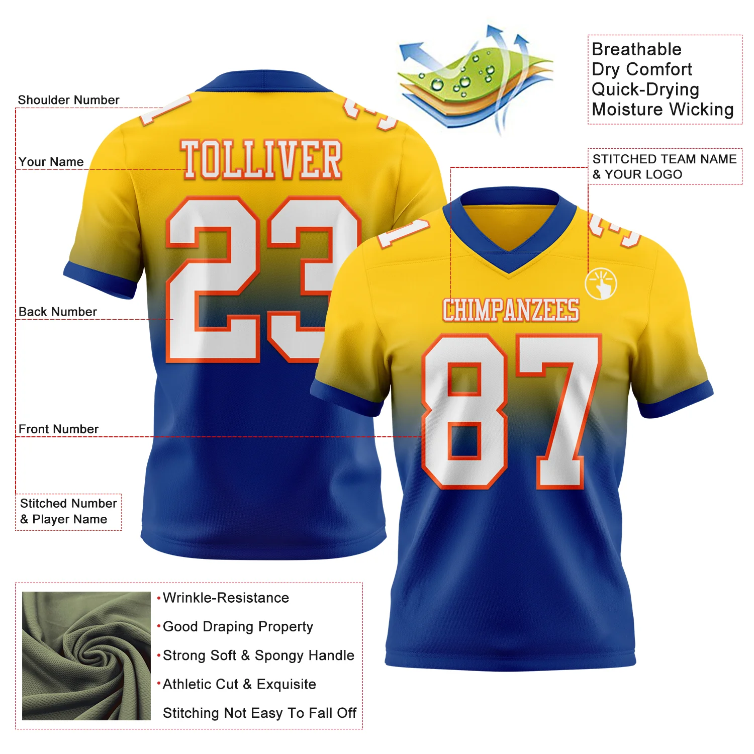 Custom Yellow White Royal-Orange Authentic Fade Fashion Football Jersey - Image 2