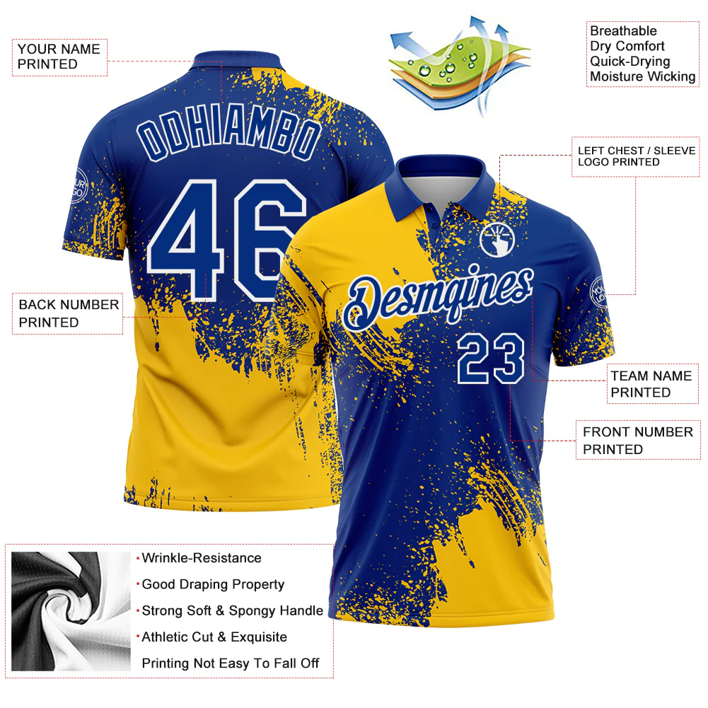 Custom Yellow Royal-White 3D Pattern Design Abstract Brush Stroke Performance Polo Shirt - Image 3