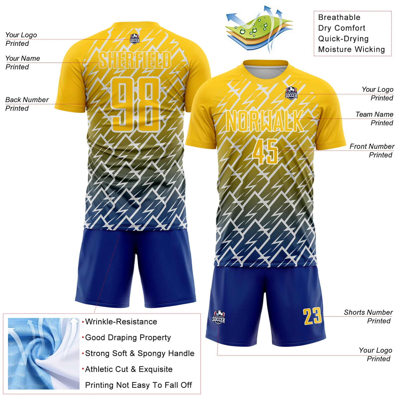 Custom Yellow Royal-White Lightning Sports Sublimation Soccer Uniform Jersey - Image 4