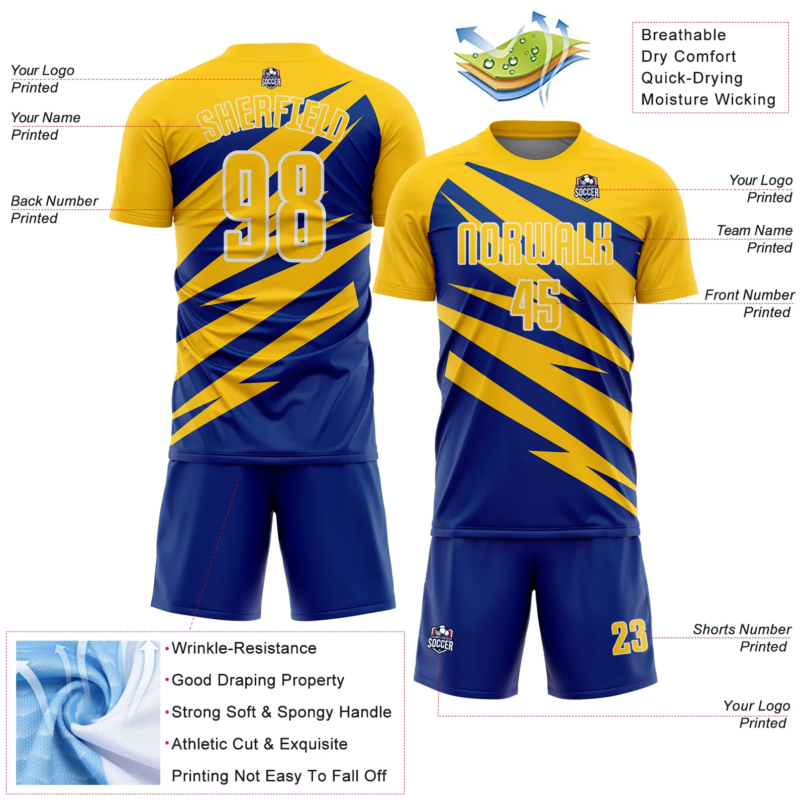 Custom Yellow Royal-White Abstract Line Sports Sublimation Soccer Uniform Jersey - Image 4