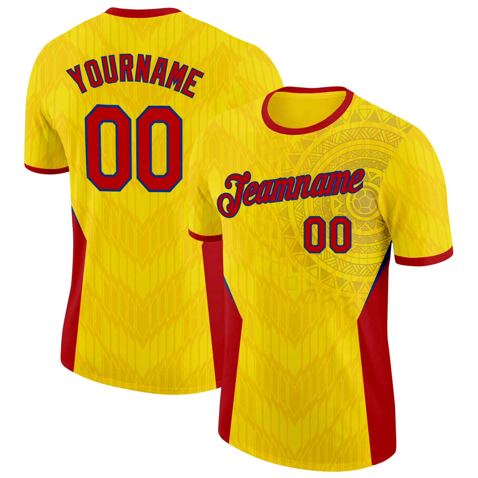 Custom Yellow Red-Royal Colombia Geometric Soccer Jersey Performance T-Shirt