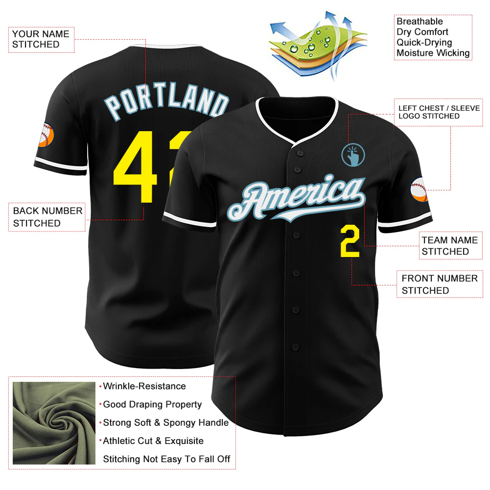 Custom Black Light Yellow Shadow Blue-White Authentic Baseball Jersey - Image 3