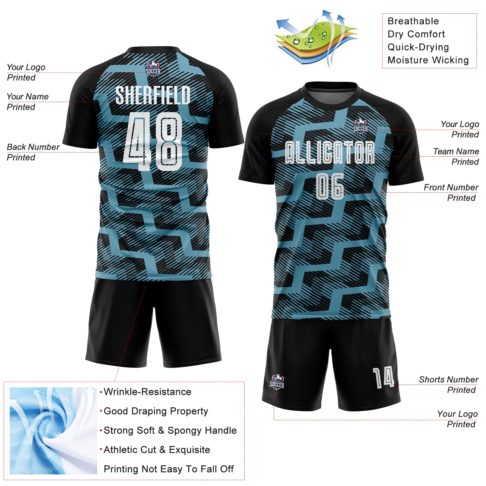 Custom Black White-Shadow Blue Line Sublimation Soccer Uniform Jersey - Image 4