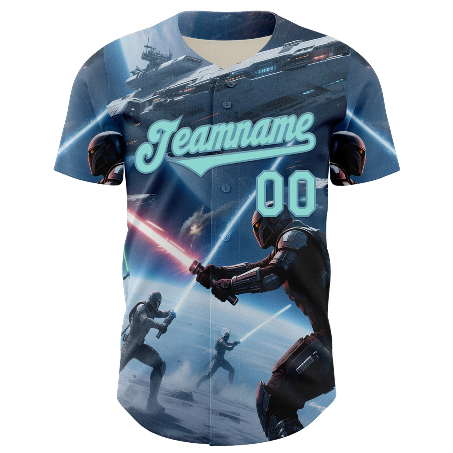 Custom Blue Ice Blue-Shadow Blue 3D Pattern Design Outer Space Light Swords Starships Authentic Baseball Jersey - Image 2