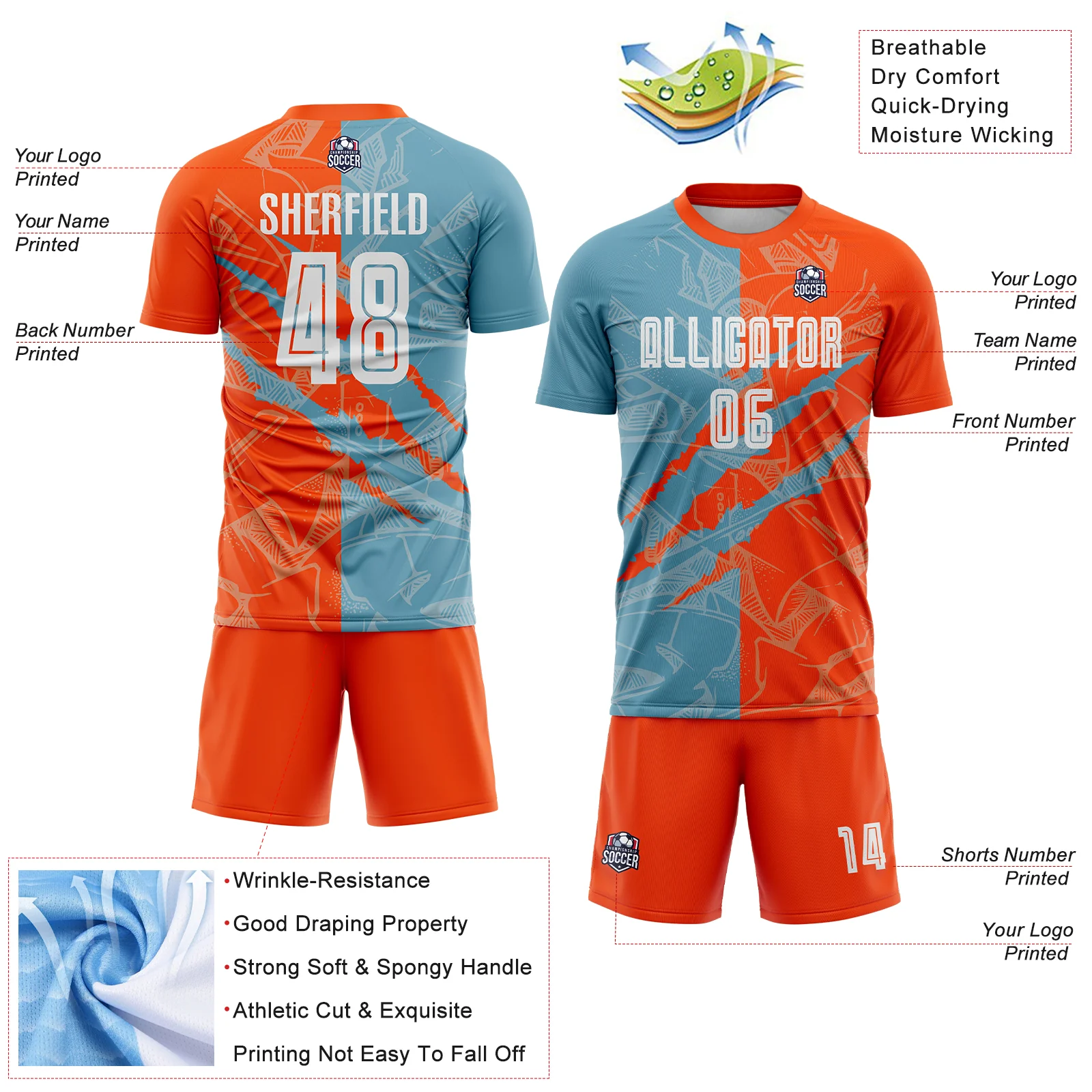 Custom Graffiti Pattern Shadow Blue-Orange Scratch Sublimation Soccer Uniform Jersey - Image 4