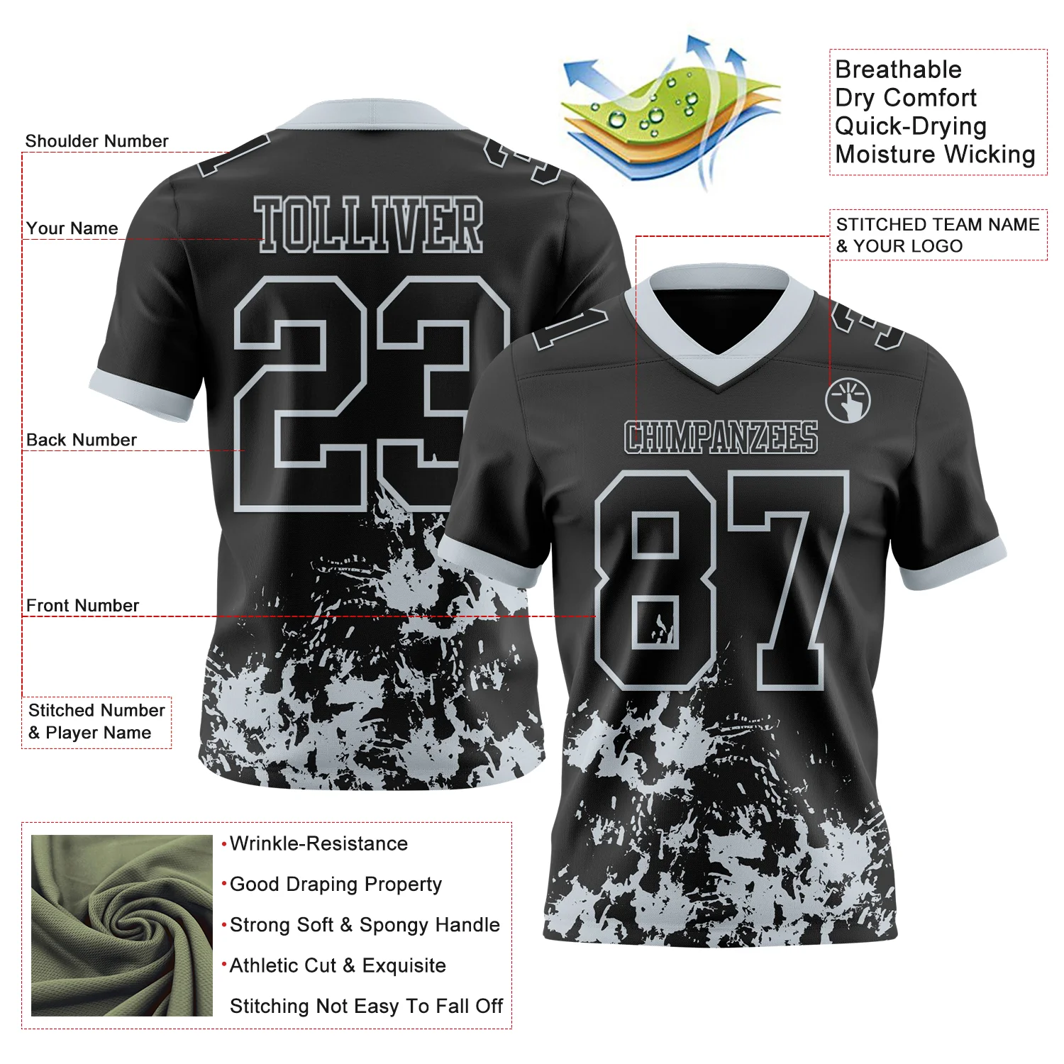 Custom Black Silver 3D Pattern Splash Authentic Football Jersey - Image 2