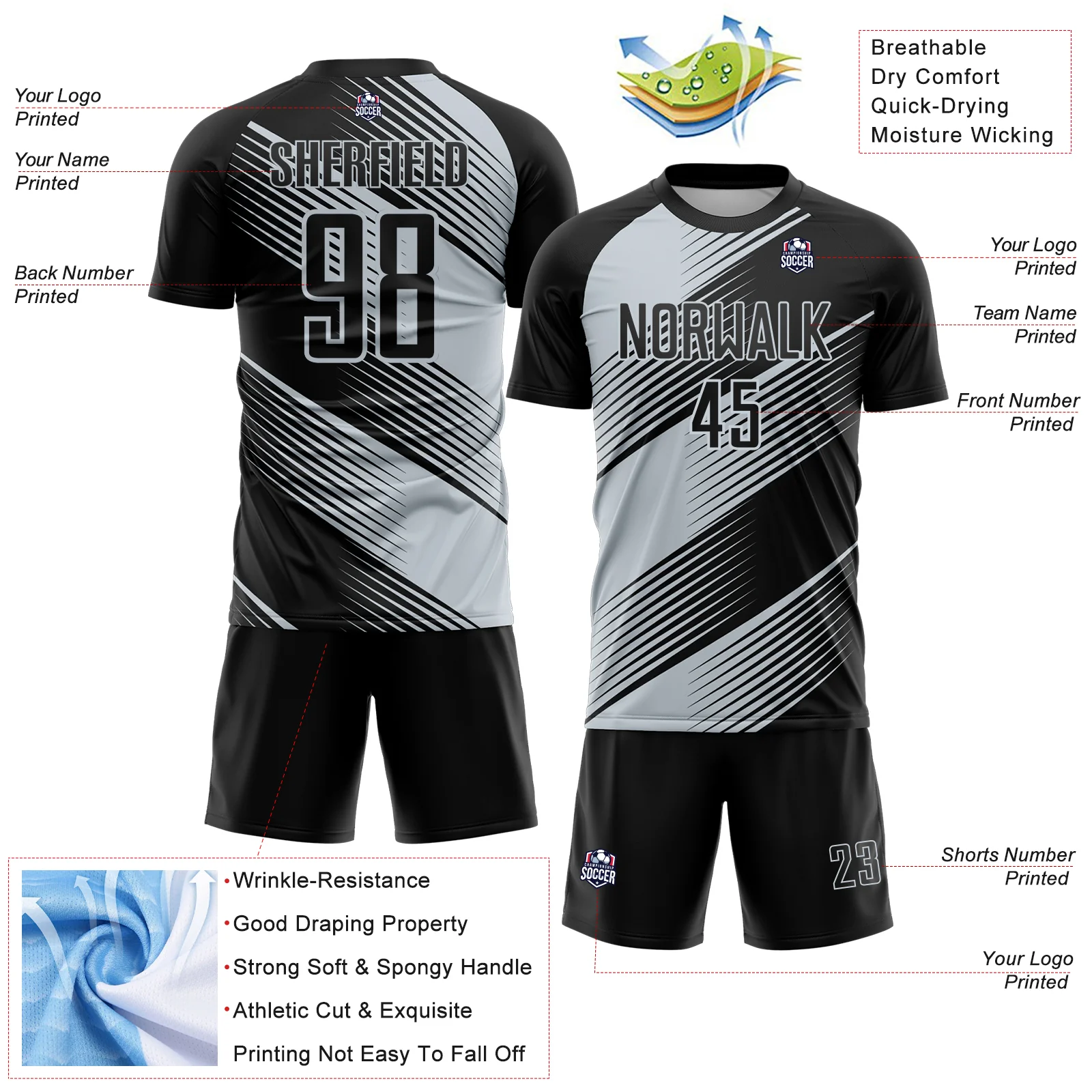 Custom Black Silver Line Sublimation Soccer Uniform Jersey - Image 4