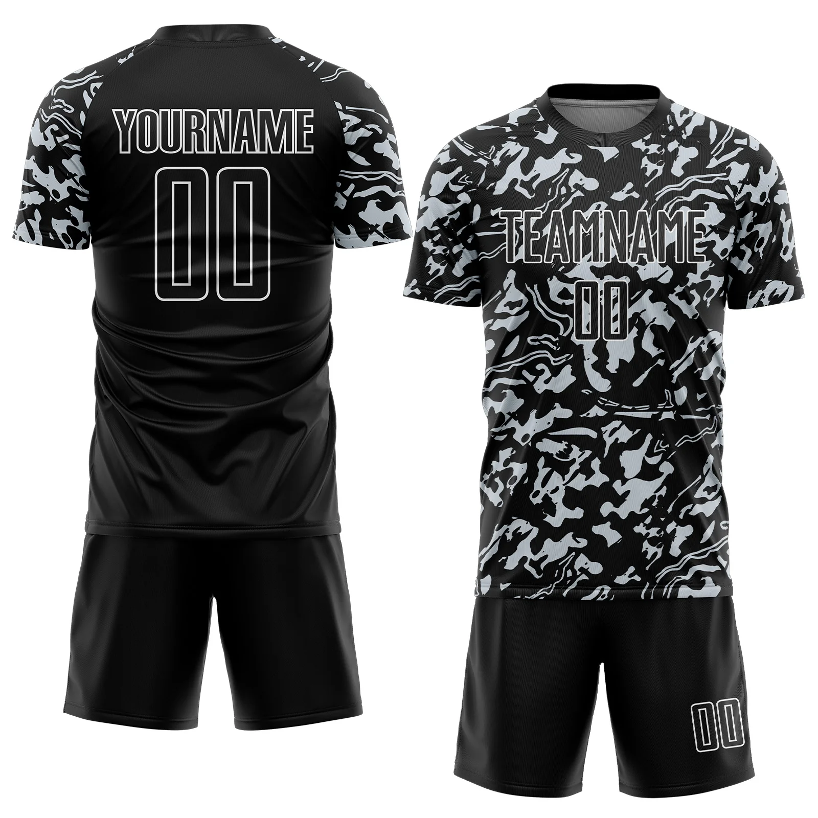Custom Black Silver-White Liquid Fluid Pattern Sports Sublimation Soccer Uniform Jersey - Image 2