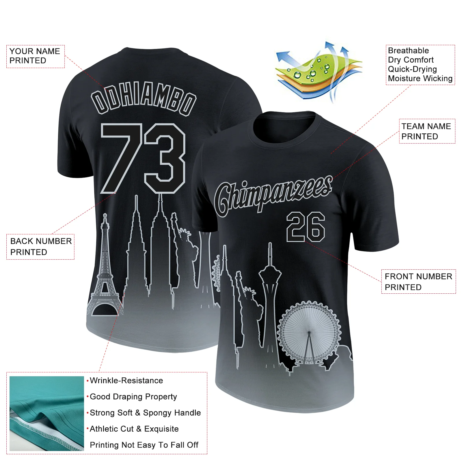 Custom Black Silver 3D Las Vegas City Edition Fade Fashion Performance T-Shirt - Image 2