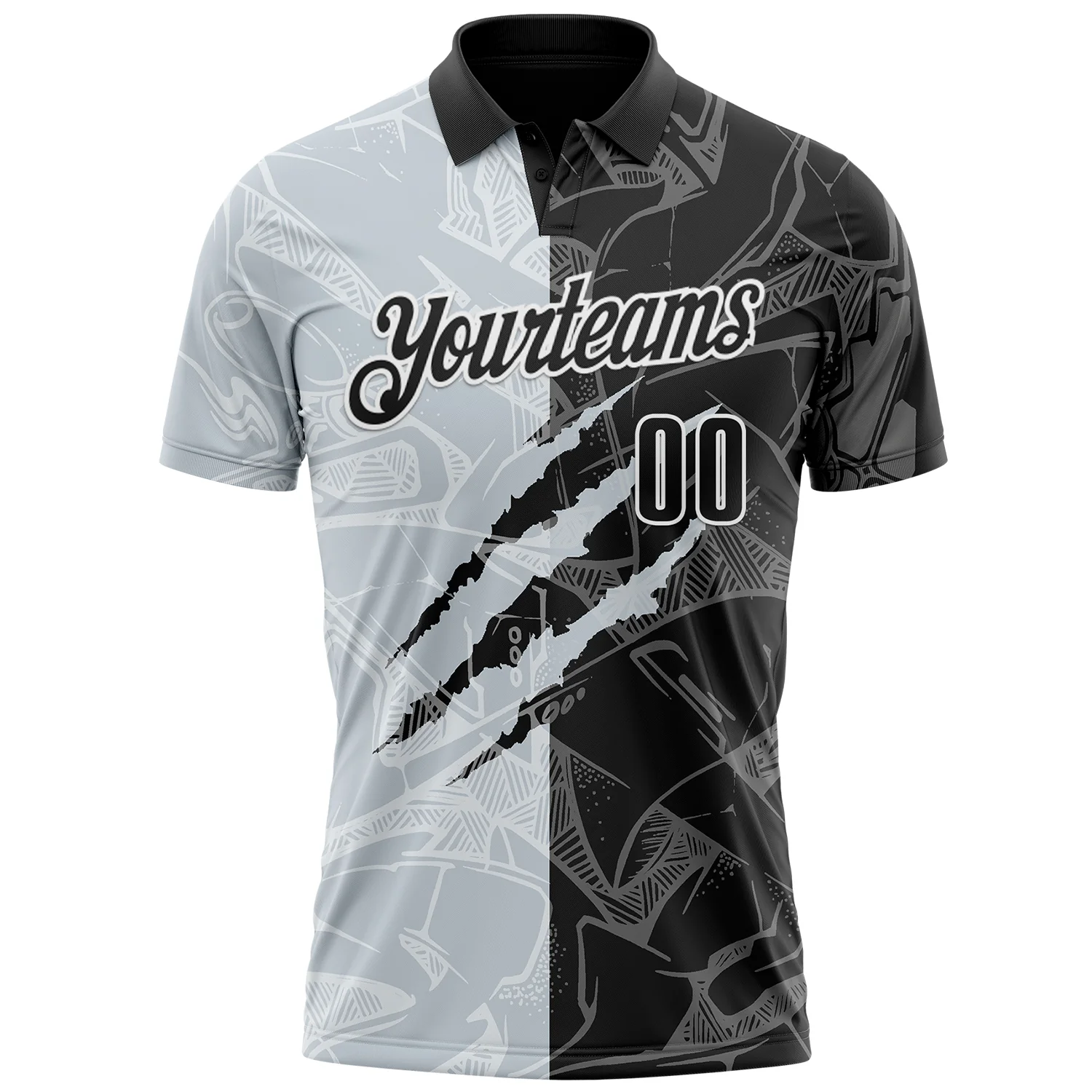 Custom Graffiti Pattern Black Silver-White 3D Scratch Performance Polo Shirt - Image 2