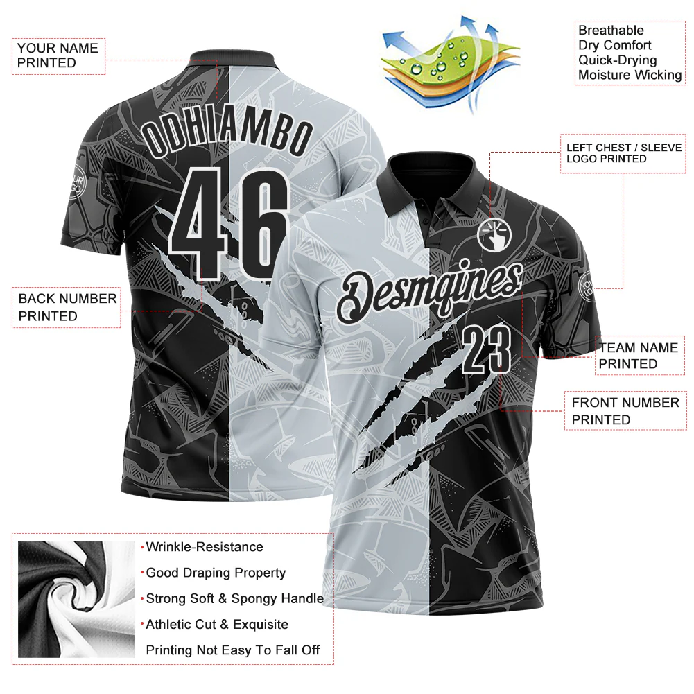 Custom Graffiti Pattern Black Silver-White 3D Scratch Performance Polo Shirt - Image 3