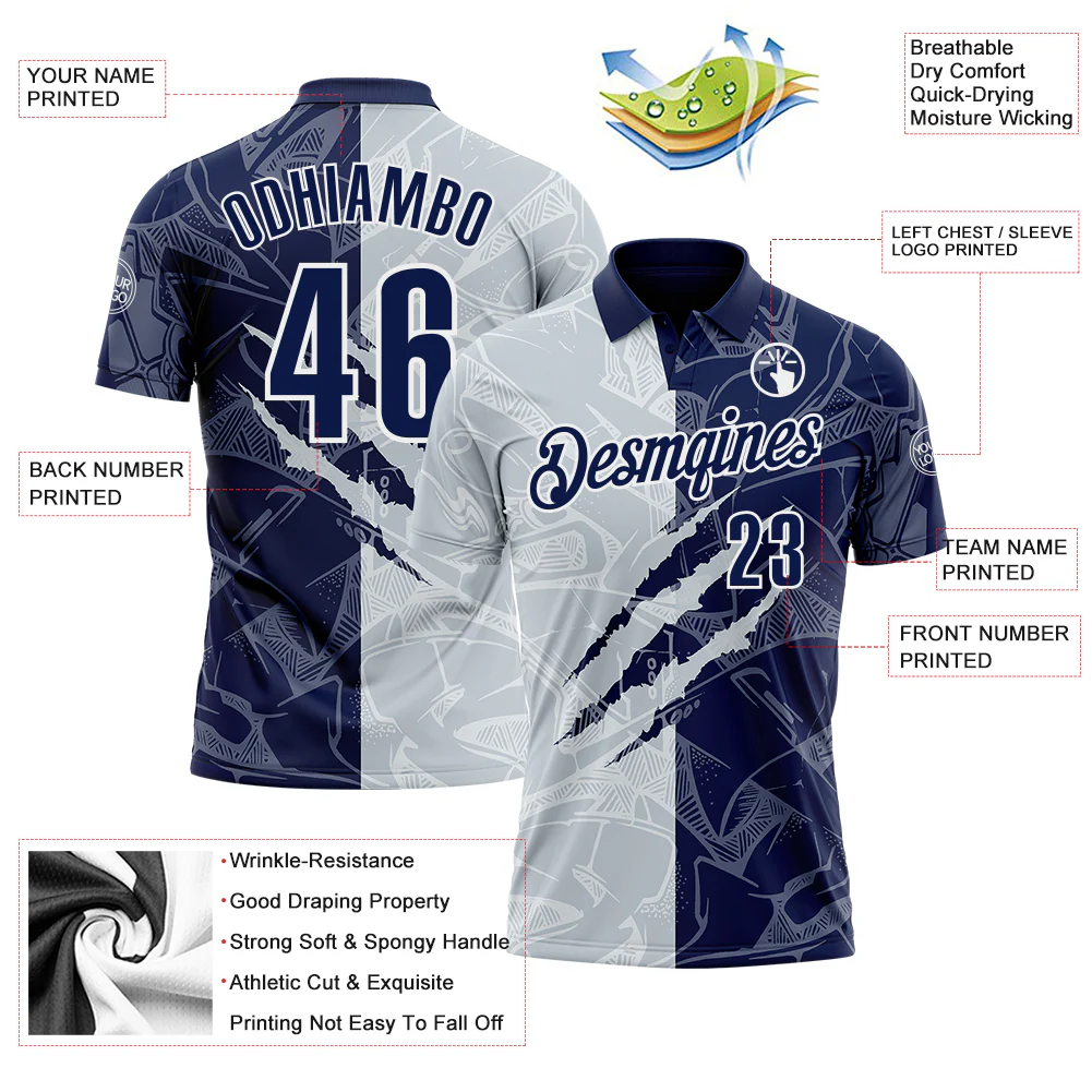 Custom Graffiti Pattern Navy Silver-White 3D Scratch Performance Polo Shirt - Image 3
