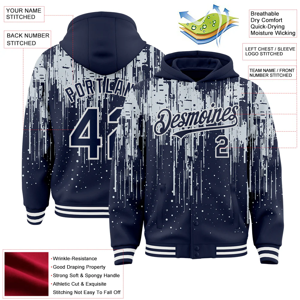 Custom Navy Silver-White Dripping Splatter Bomber Full-Snap Varsity Letterman Hoodie Jacket - Image 4
