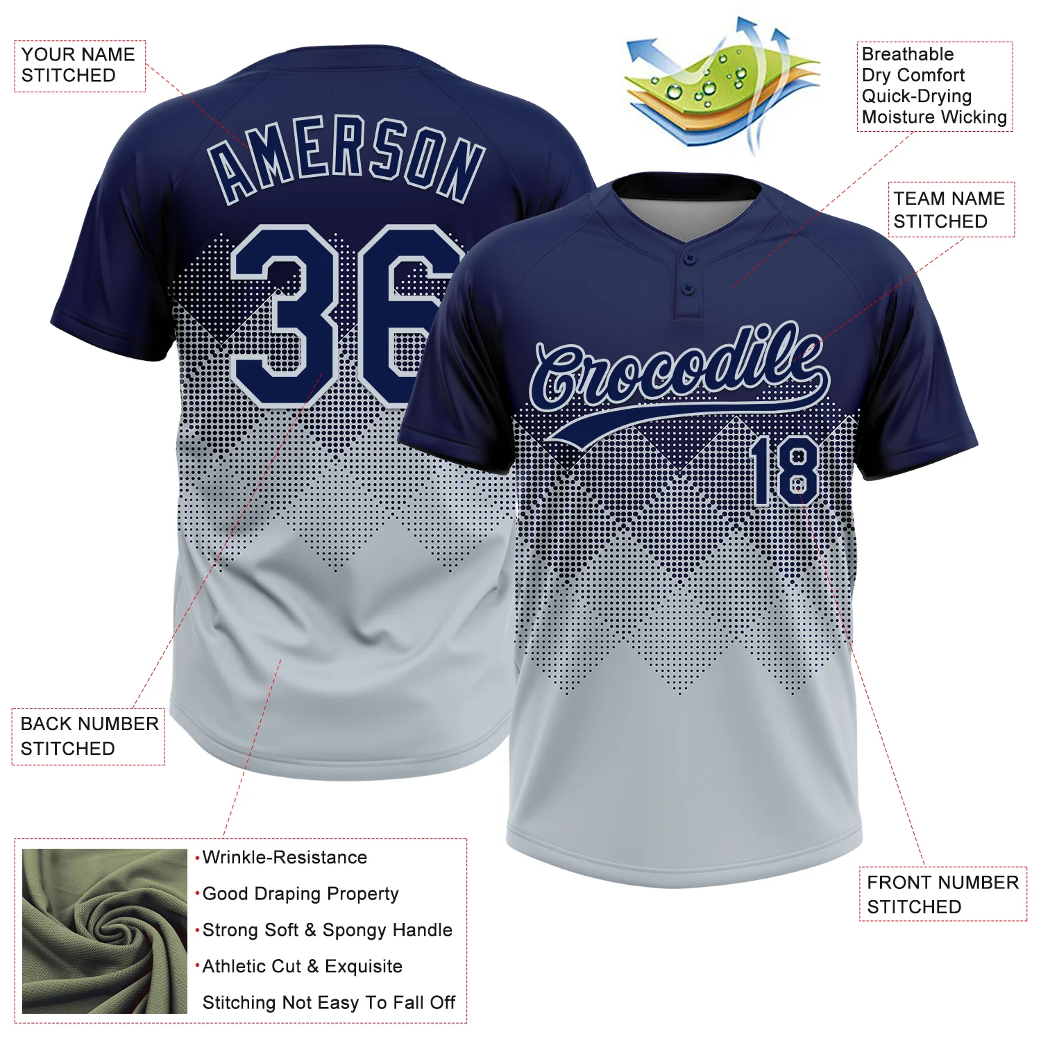 Custom Navy Silver 3D Gradient Square Shape Two-Button Unisex Softball Jersey - Image 3