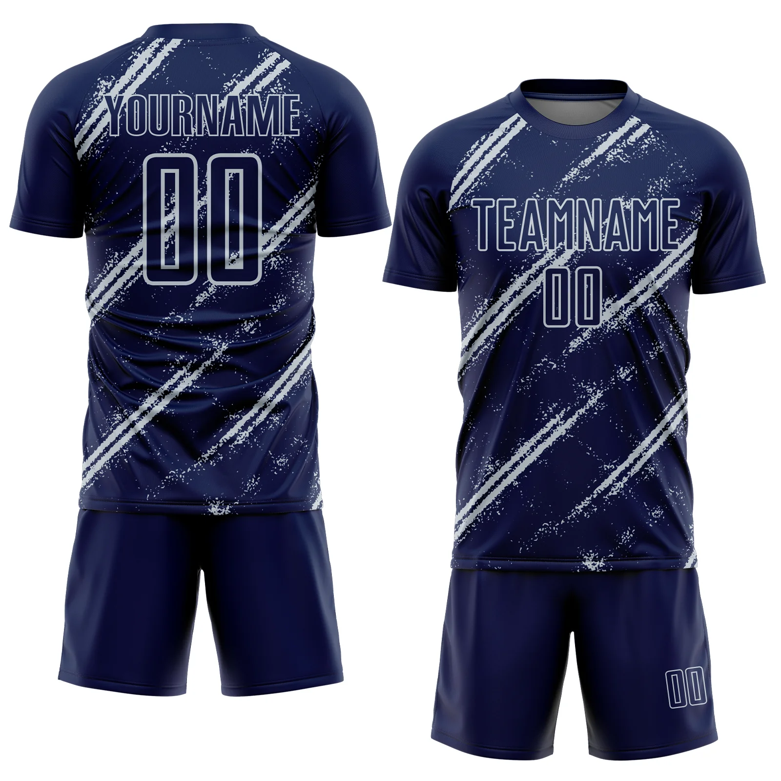 Custom Navy Silver Abstract Fragment Art Splash Sublimation Soccer Uniform Jersey - Image 2