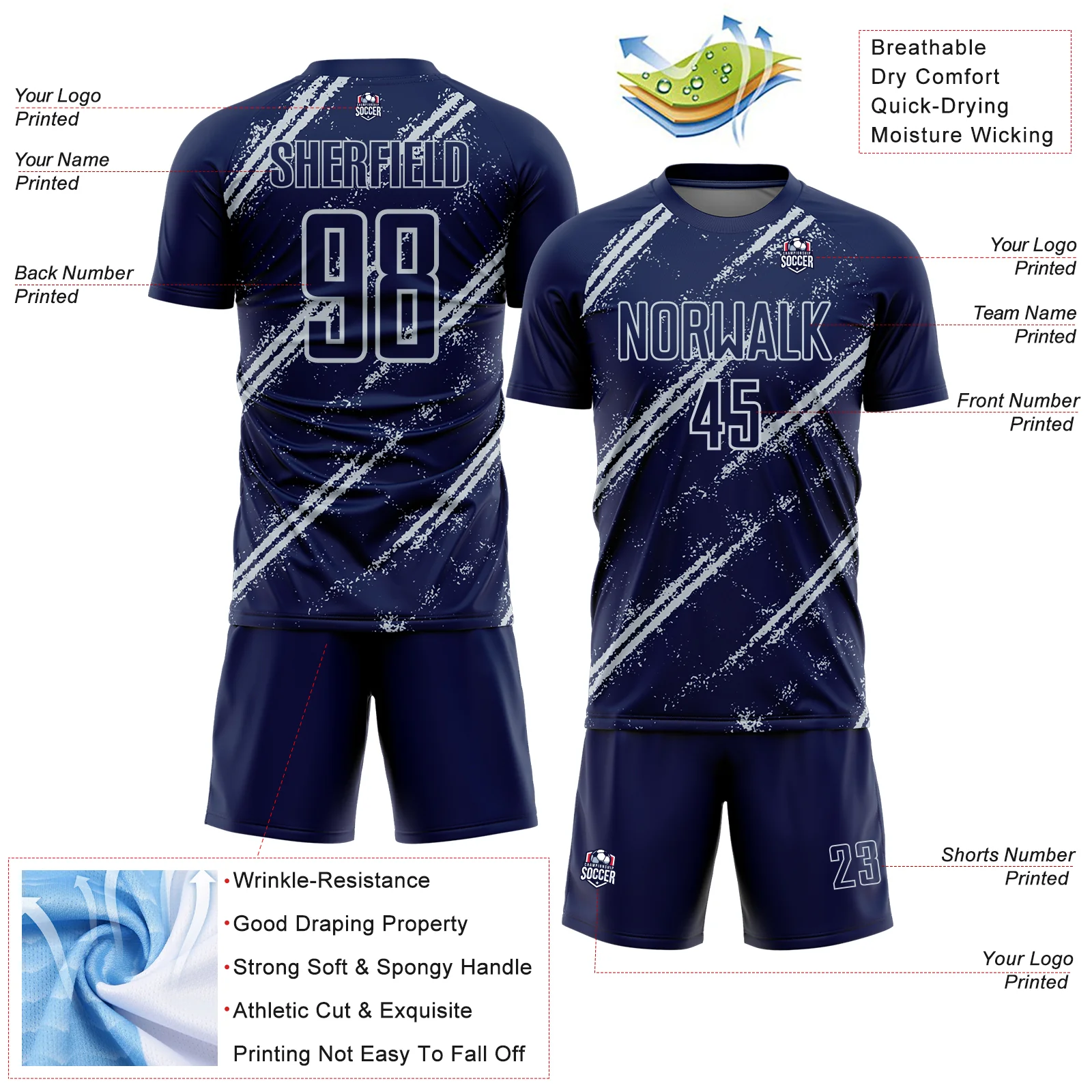 Custom Navy Silver Abstract Fragment Art Splash Sublimation Soccer Uniform Jersey - Image 4