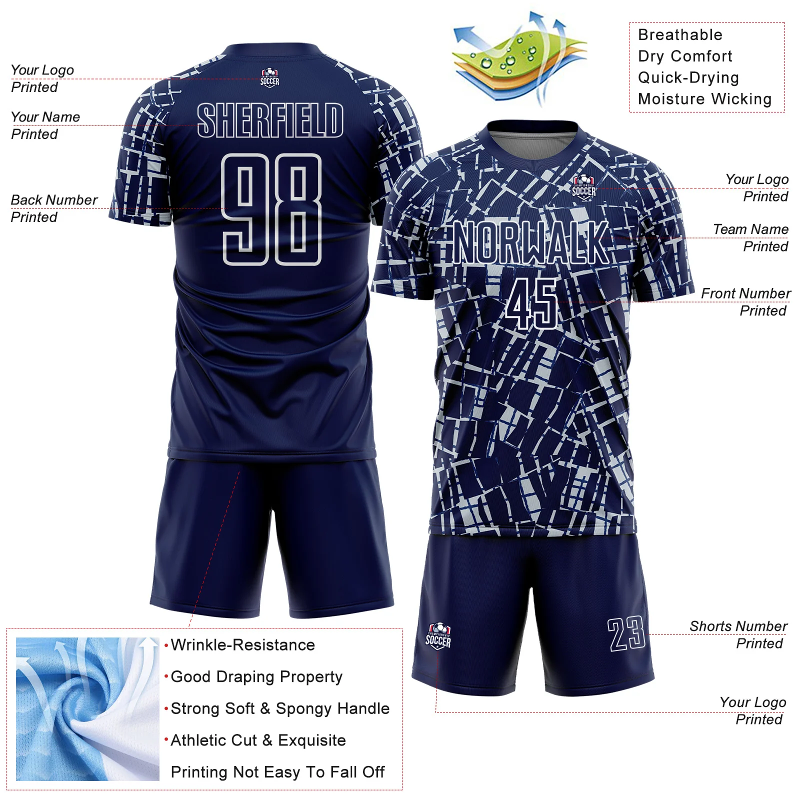 Custom Navy Silver-White Abstract Line Sports Sublimation Soccer Uniform Jersey - Image 4