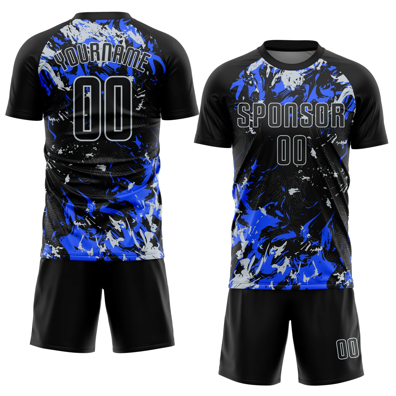 Custom Black Silver-Royal Fluid Art Splash Sublimation Soccer Uniform Jersey - Image 2